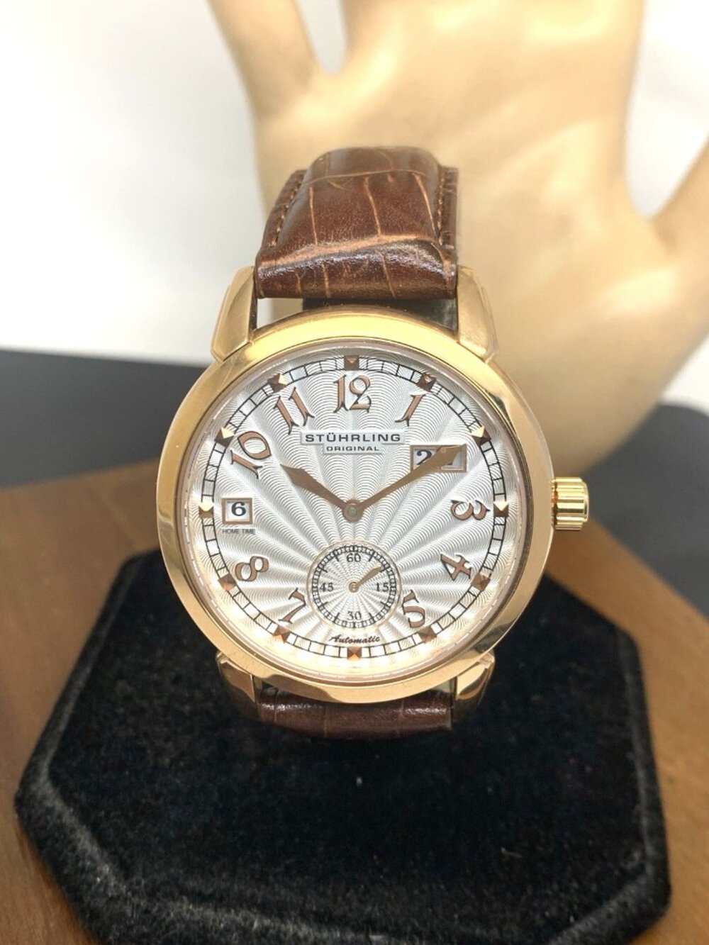 Stuhrling Men's Watch Automatic Silver Dial Rose Gold Brown Leather Strap 40mm